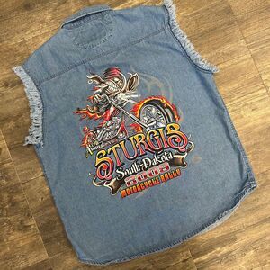 Sturgis‎ 2009 Motorcycle Rally Denim Sleeveless Shirt Button Front Men Medium